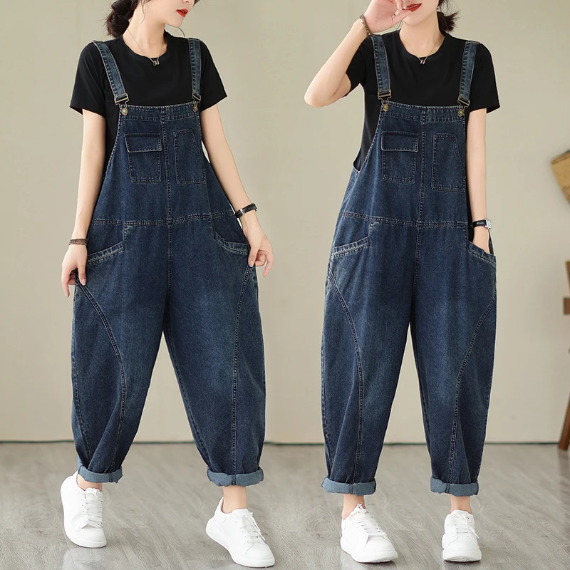 

Spring Fall Fashion Women's Multi Pocket Cargo Suspender Female Vintage Patchwork Blue Denim Overalls Casual Loose Jumpsuit