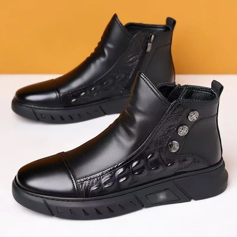 

Men's leather boots, single cotton side zipper casual shoes, outdoor comfortable sports shoes