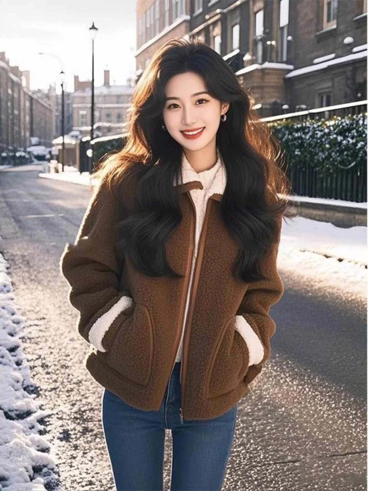 เสื้อคลุมขนแกะเทียมสีน้ำตาลกาแฟ รุ่นใหม่ ฤดูใบไม้ร่วง-ฤดูหนาว 2024 ดีไซน์โดดเด่น ทรงหลวม สไตล์ผู้ใหญ่ เหมาะสำหรับใส่ทำงาน