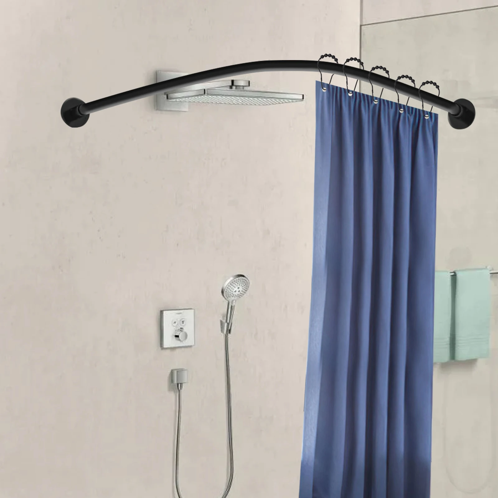 Shower Curtain Rail Corner L Shape No Drilling Stainless Steel Telescopic Rod with Shower Curtain Rings