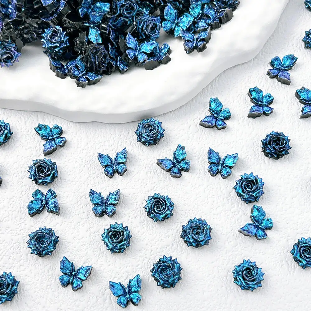 30 Stück Leuchtende Kreative Weiche Schmetterling-Rosen-Harz-Nagelcharms 3D Tiefblaue Feine Funkelnde Blumen-Nagelkunst-Dekorationen DIY Nägel – Detail 1
