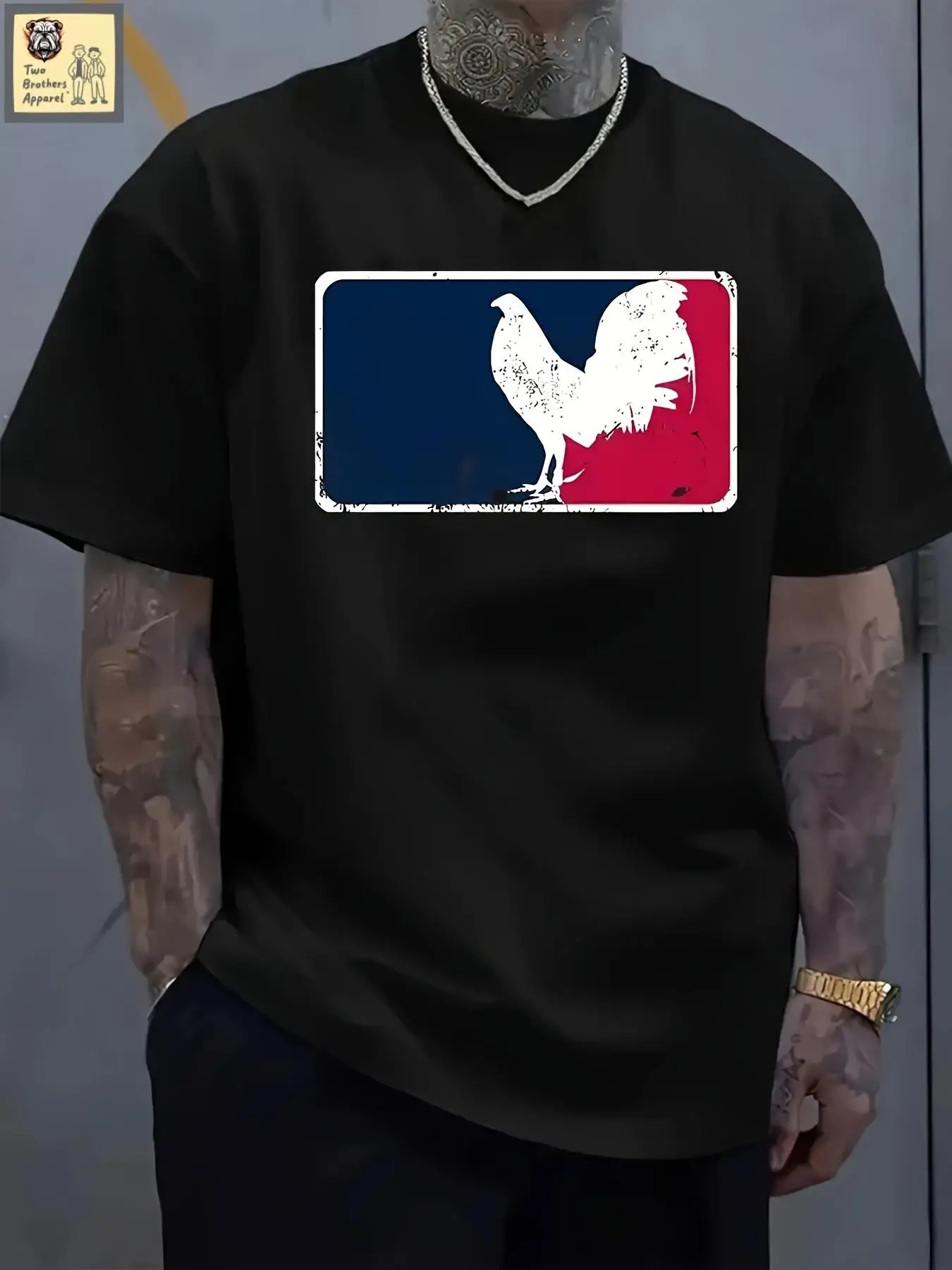 Men'S Casual Short Sleeve T-Shirt with Rooster Graphic And Blue And Red Stripes - White Crew Neck Summer Tee, Machine Washable Fabric, Everyday Comfort & Home Wear, Comfortable Striped Design, Breathable Material, Basic Street Style