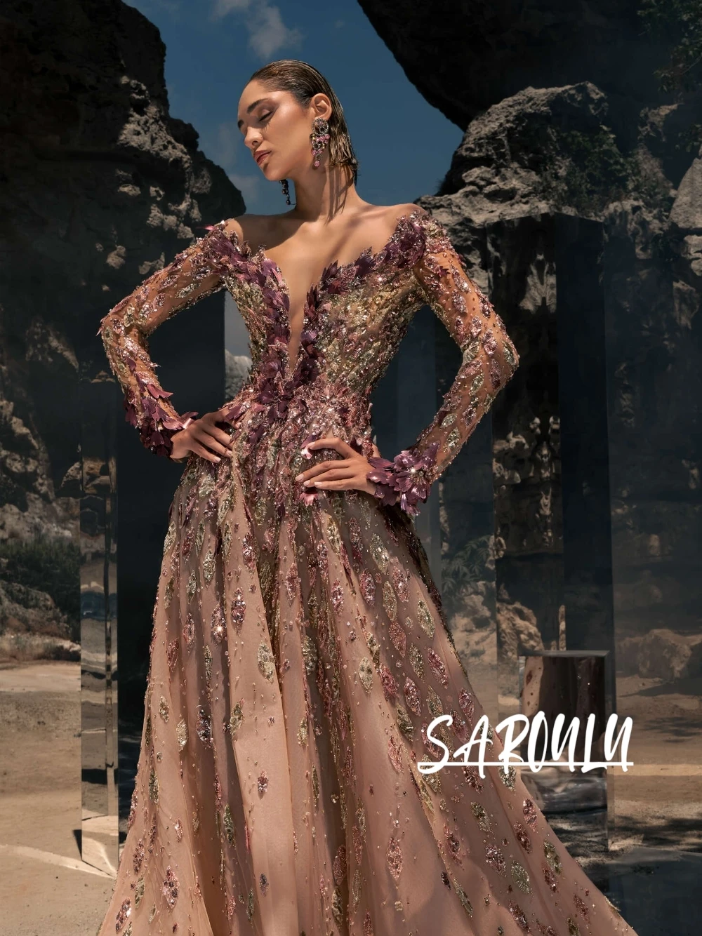 Handmade 3D Floral Evening Dress Glitter Beads Crystals A Line Customized Prom Gown Beautiful Delicate Wedding Guest Red Carpet