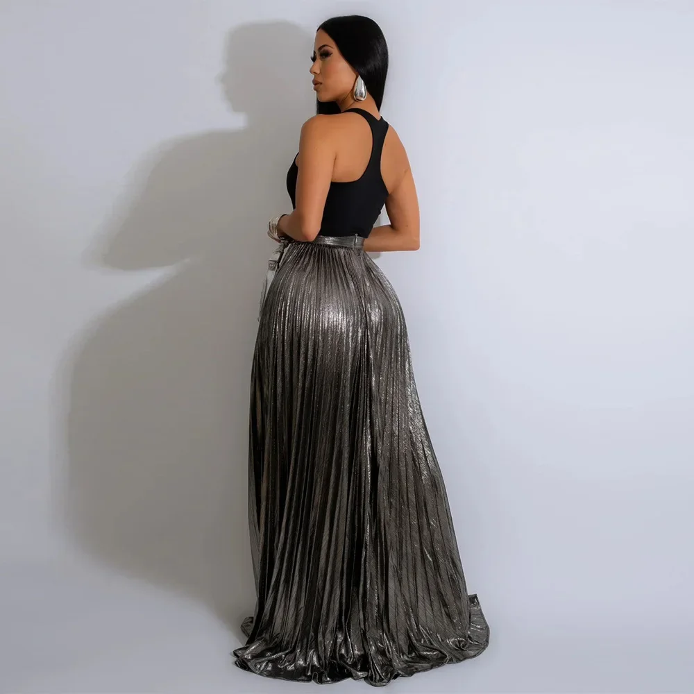 Wishyear Fashion Spring High Side Split Big Swing Pleated Floor Length Skirt Women High Waist Street Birthday Party Long Dress