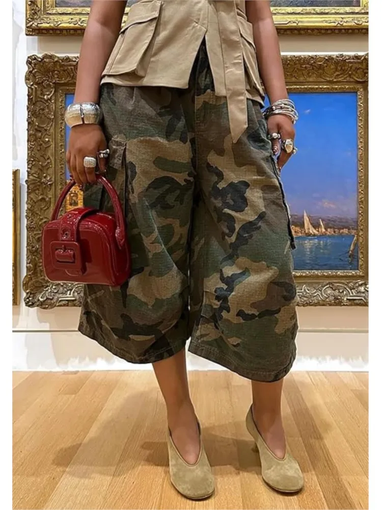 Women's Personality Street Hipster Fashion Casual Pants Summer Camouflage Workwear Style Pocket Loose Wide-leg Three-piece Pants