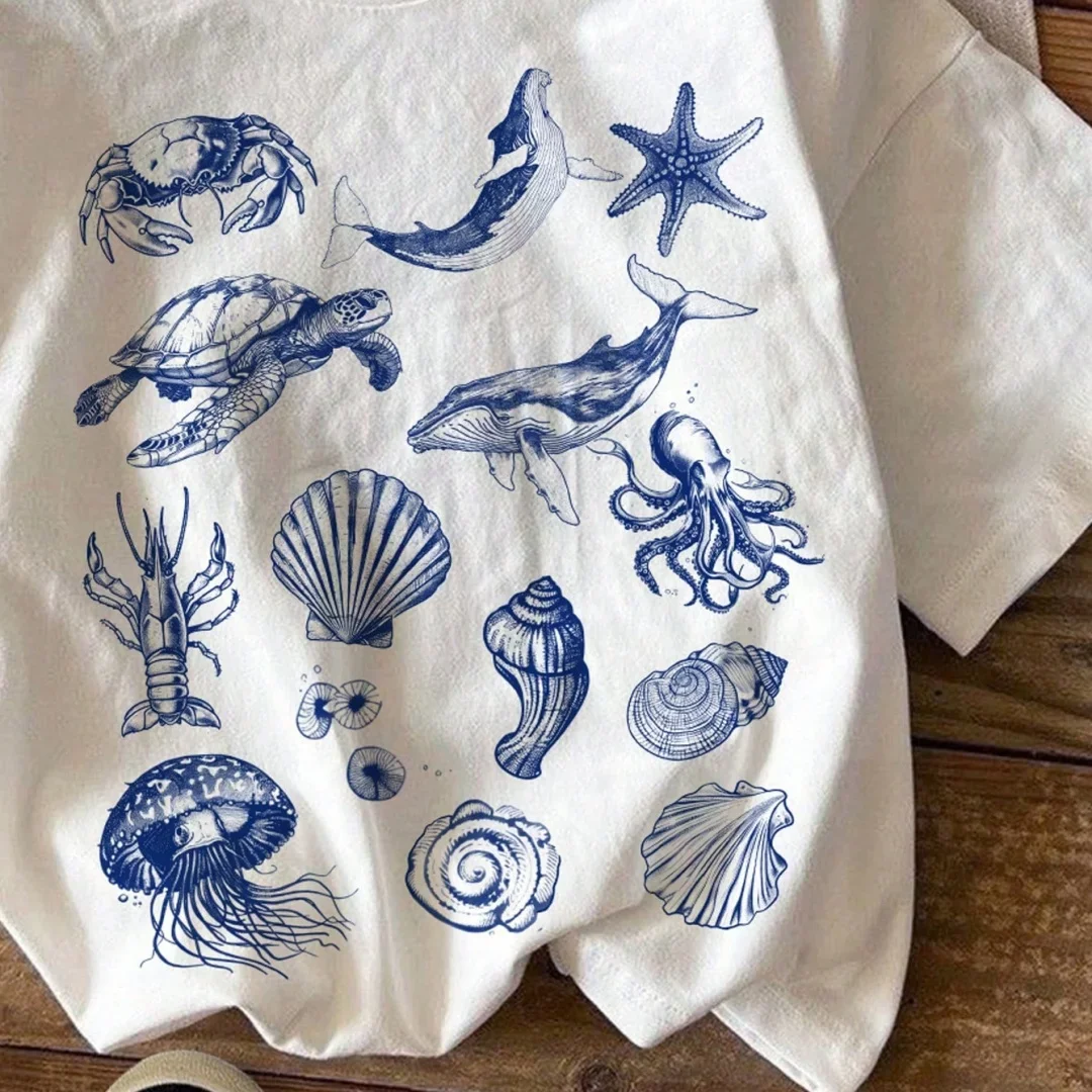 عادية بسيطة الكرتون الحياة البحرية تي شيرت مطبوع عادية تنوعا قصيرة الأكمام المرأة الجولة الرقبة تي شيرت Y2k ملابس النساء #3