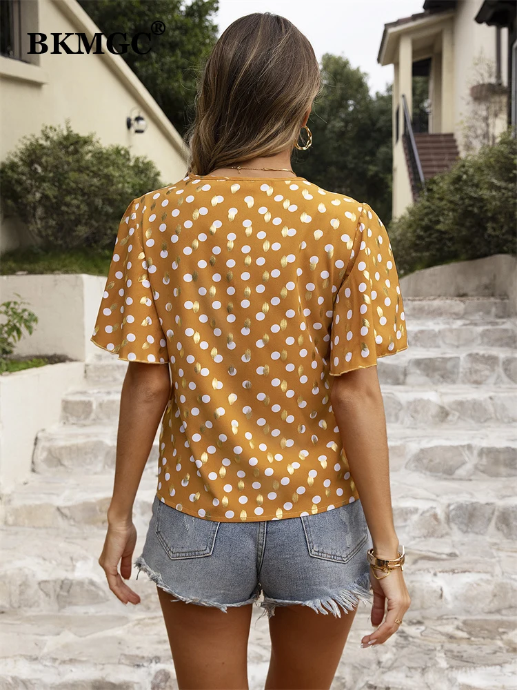 BKMGC White Dots Printed Brown V Neck Short Flare Puff Loose Sleeves Pullover Blouse Shirts for Women Summer H Shape Cutting Top