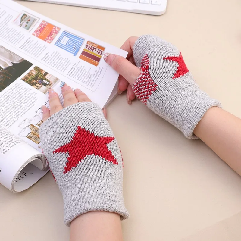 Punk Y2K Star Knitted Woolen Gloves Fashion Men Women Pentagram Half Finger Warm Soft Mitten Five Pointed Star Fingerless Gloves