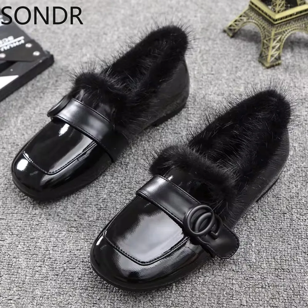 Womens Round Toe Real Mink Fur Loafers Metal Decor Warm Winter Slip on Shoes Low Heel New 2024