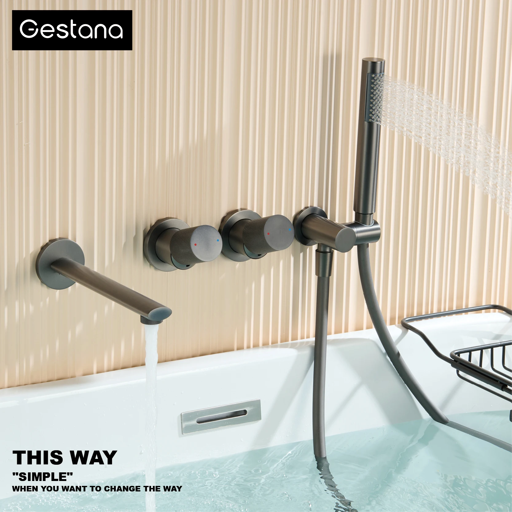 

Minimalist Wall Mounted Bathroom Faucet - Gunmetal Brass Dual Handle 2-Function Embedded Hot/Cold Water Bathtub Mixer