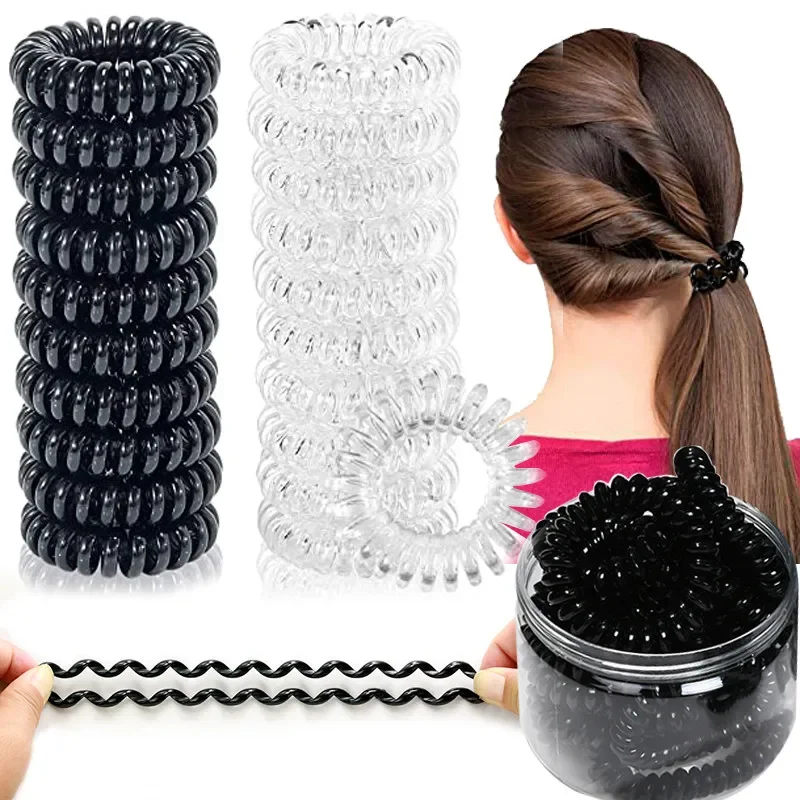 5 Pcs Phone Line Hair Ring Transparent Traceless Black Plastic Spring Ring Rubber Band Hair Accessory Japanese Korean Ins Style
