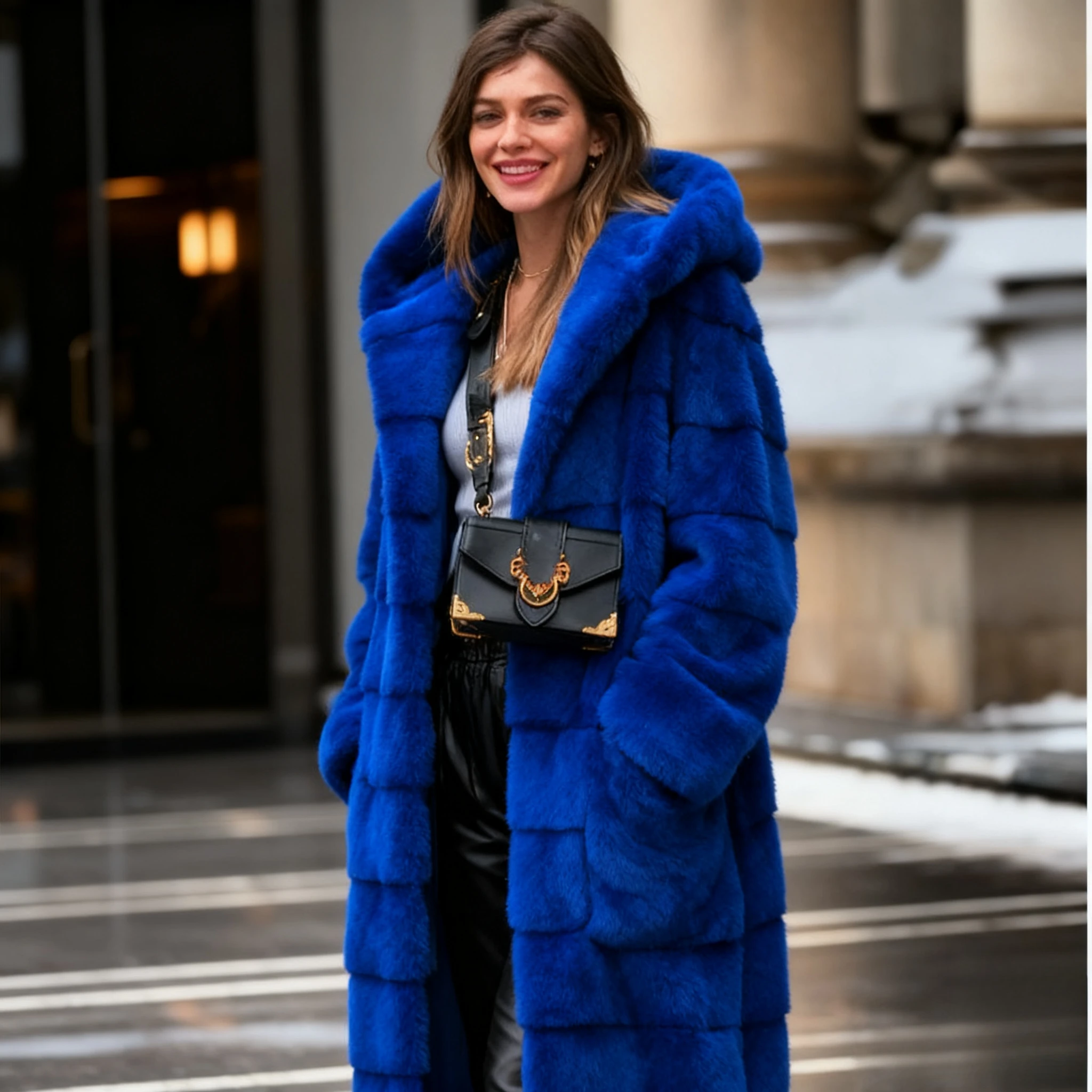 

Blue Faux Fur Women Long Coats Thick Warm Coat Hooded Full Sleeve Casual Maxi Elegant Splice Thick Warm Mom Autumn Winter 2024