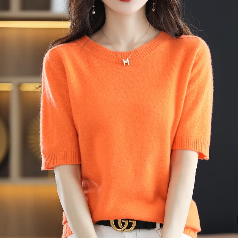 Hot Sale 100% Wool Women\'s Sweaters And Pullovers Autumn Female O-Neck Cashmere Clothing Short SLeeve Soft Jumper Tops Spring