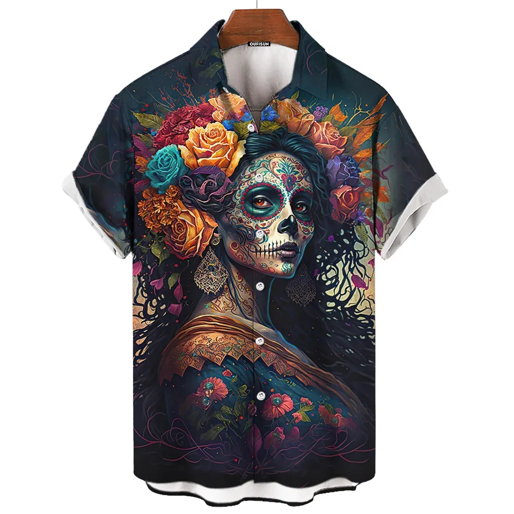 Day Of The Dead Shirt Skull Men's Shirts Skull Face 3d Print Short Sleeve Retro Loose Oversized Man Clothing Festival Clothing