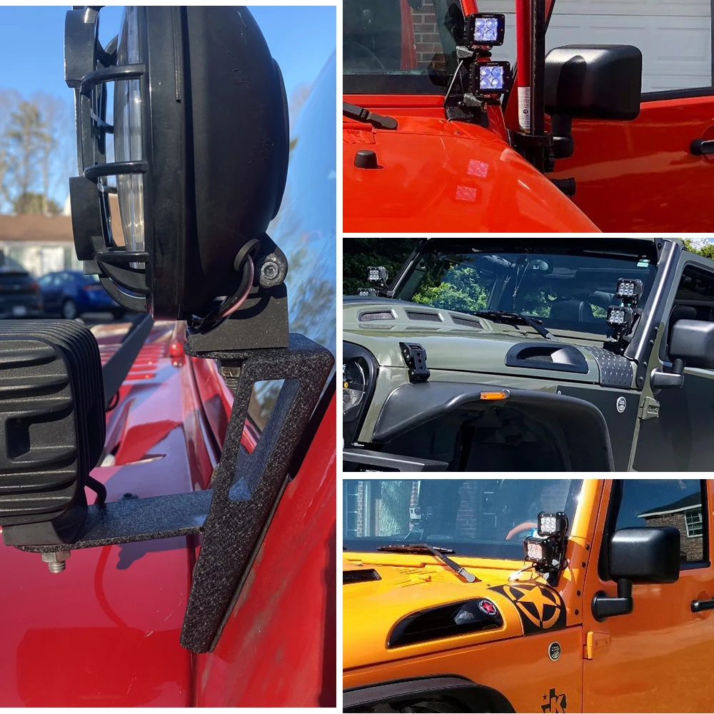 A-Pillar Spotlight Brackets For 2007-2018 Jeep Wrangler JK/JKU Windshield LED Work Lights Mounts Kits WILL NOT Block the Wipers