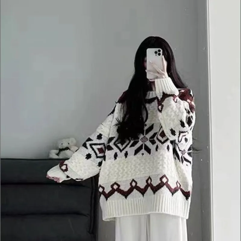 DAYIFUN-Girls Snowflake Printing Sweater,Korean,Winter Loose Crew Neck Preppy Style,Women's Knitwear,Sweet,Vintage Casual Top