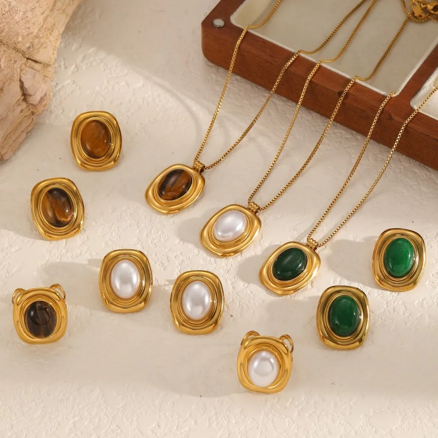 

TD Classic Fashion Nature Stone Tiger-eye Earrings and Necklace Set Waterproof Stainless Steel Pearl Stud Earrings for Women