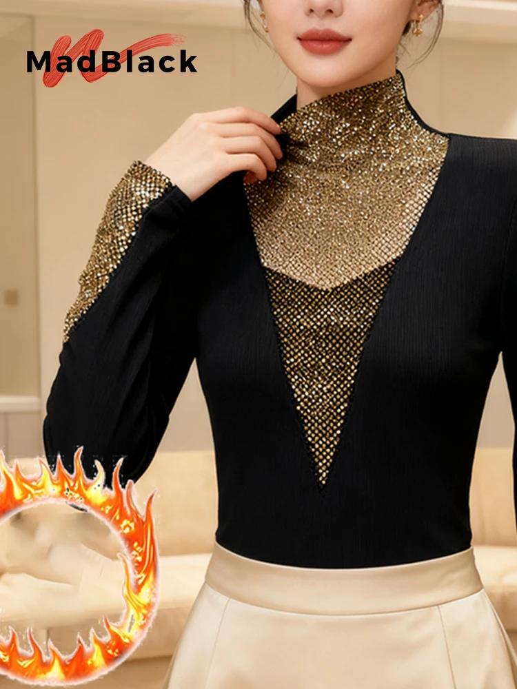 

MadBlack-Женская европейская матовая футболка, сексуальный воротник с ромбовидным вырезом, уличная тонкая футболка с длинными рукавами M-3XL, новинка зимы 2025 года T5N033CC