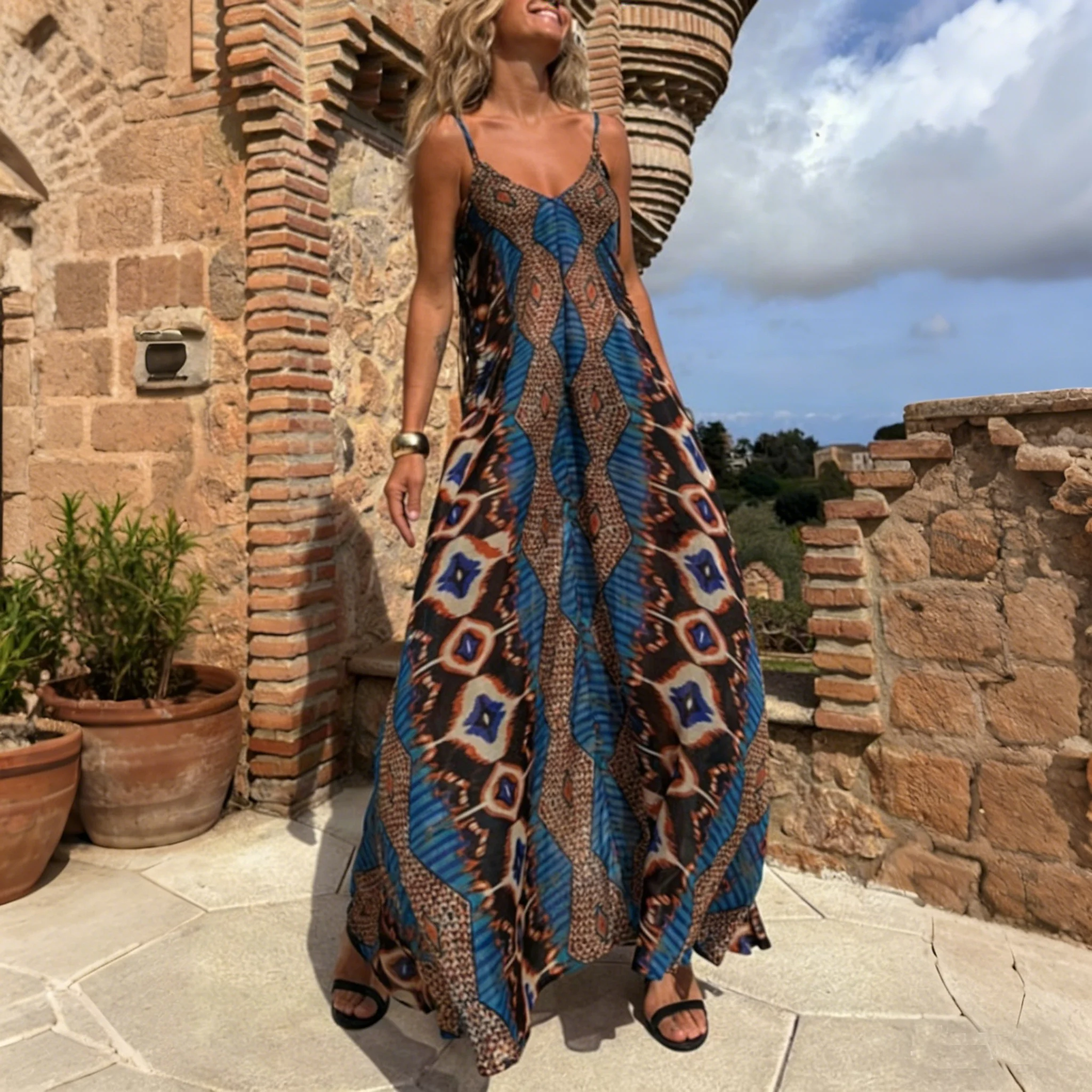 

Women's Halter Neck Maxi Dress Bohemian Ethnic Print Sleeveless Flowy Long Dress for Summer Beach Vacation and Resort Wear