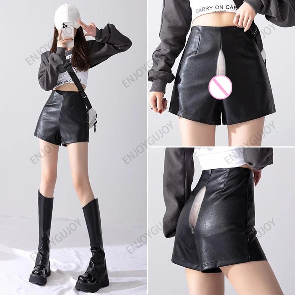 Black PU Leather Shorts, Invisible Open Crotch, High Waisted, Slim, Casual, Straight Leg Pants, Outdoor Sex