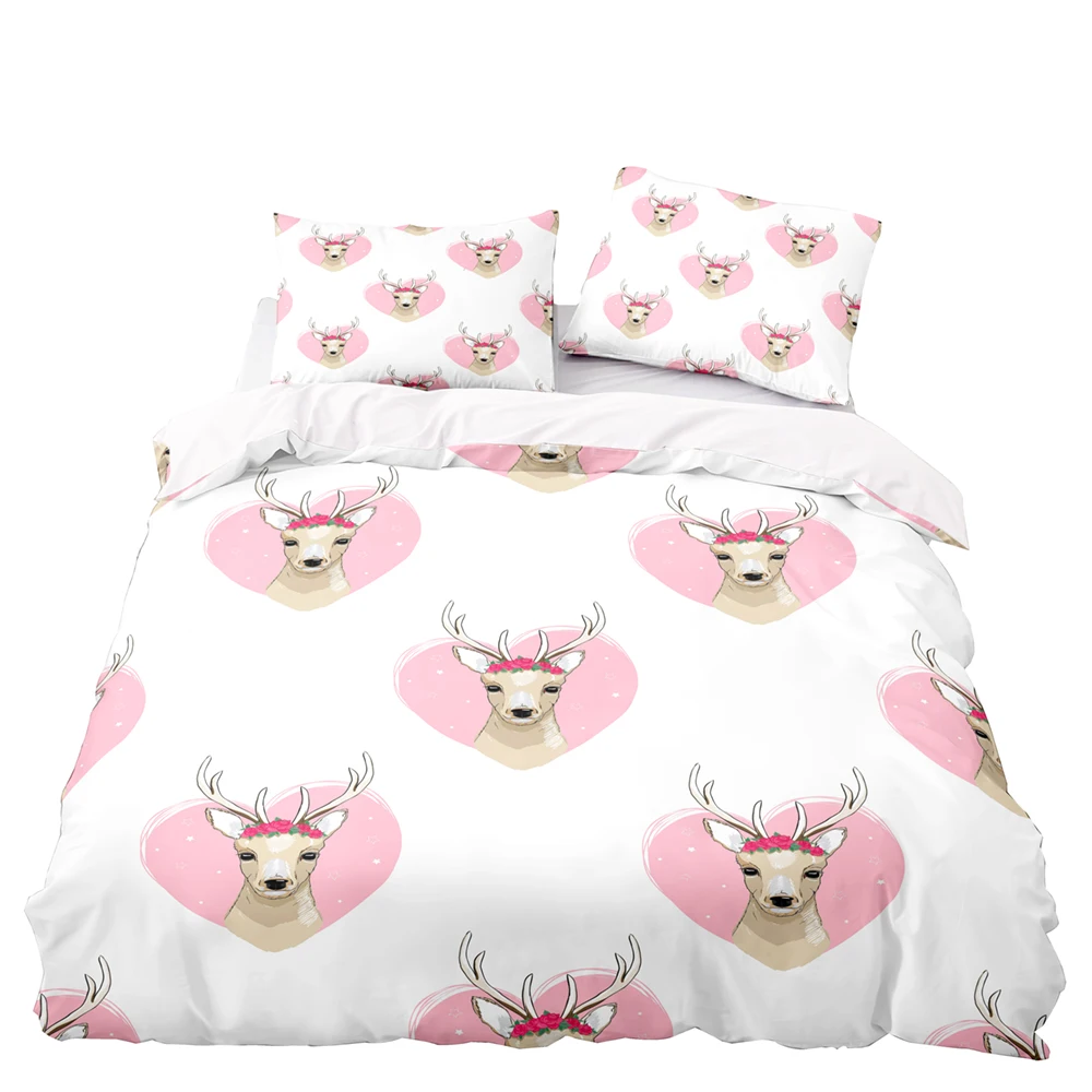 

Pink Hearts Print Bedding Set 2/3Pcs,Light Brown Reindeer Duvet Cover with Pillowcase,Sweet White Set for Double Queen King Size