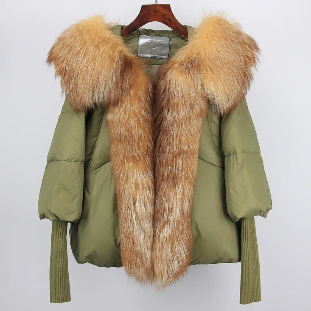 بطة أسفل معطف الشتاء فضفاض كبير الحجم سترة منفوخة المرأة سميكة الدافئة الشارع الشهير ريال فوكس الفراء طوق مقنعين ملابس خارجية طبيعية