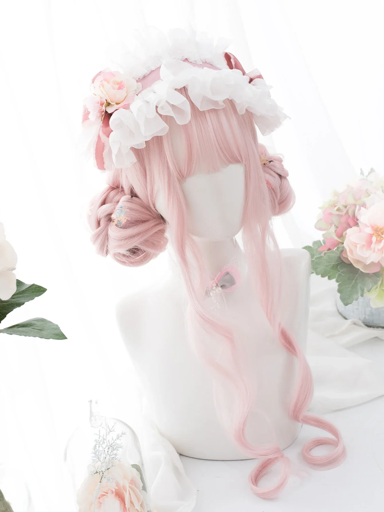 Wig sintetik warna Pink persik 26 inci dengan Bang Wig rambut berombak panjang alami untuk wanita penggunaan sehari-hari Cosplay tahan panas