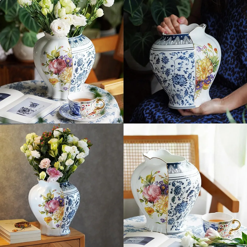 Splicing Light Luxury Antique Style Ceramic Vase Creative European Vintage Flower Vase Arrangement Living Room Desktop Ornaments