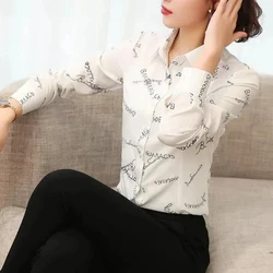 Turn-down Collar Women's Chiffon Long Sleeve Spring Autumn Letter Printing Cardigan Shirt Casual Elegant All-match Women's Tops