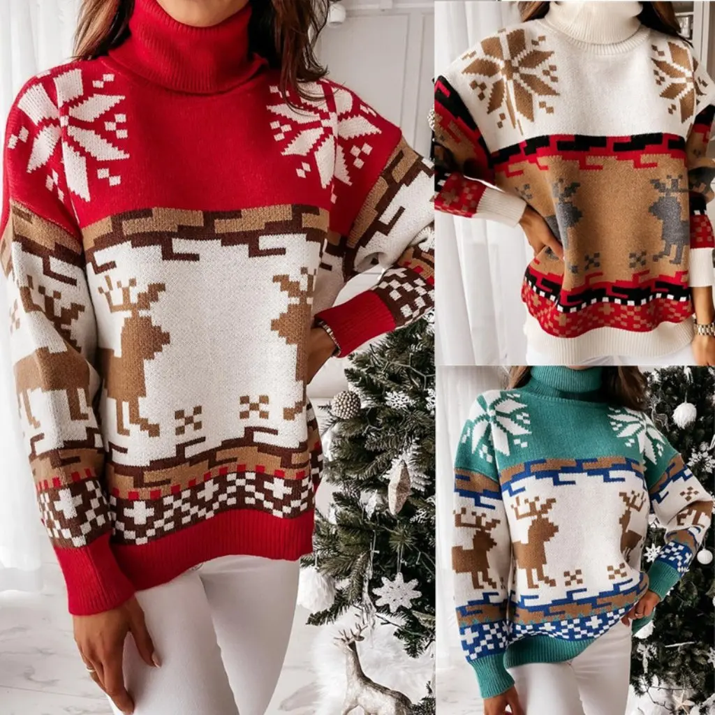 

Winter Turtleneck Elk Christmas Jacquard Knitted Sweater Women's Fashion Wish Design New European American Style