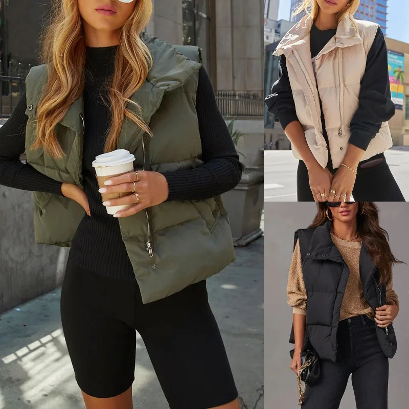 

2023 Autumn Winter Parkas Vest Coat New Women's Solid Color Zipper Button Cardigan Vest Women Sleeveless Turn-down Collar Parkas