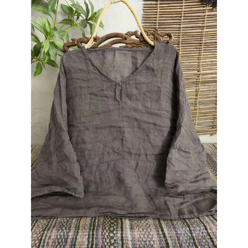 Kobiety Vintage V-Neck Długi rękaw 100% Ramie Wygodne koszulki 2025 Wiosna Nowe koszulki w jednolitym kolorze Luźny wysokiej jakości top na co dzień