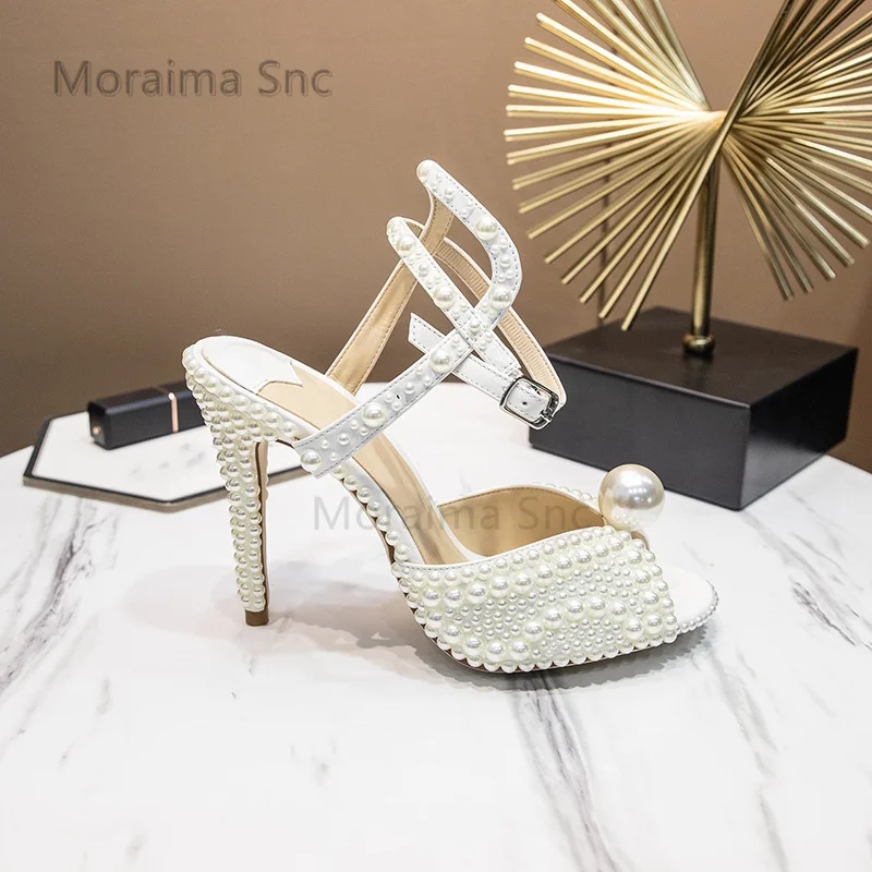 

Pearl Stiletto High Heels Sandals for Women Buckle Strap Peep Toe Shoes Summer Sweet Evening Bride Wedding Shoes Women's Shoes