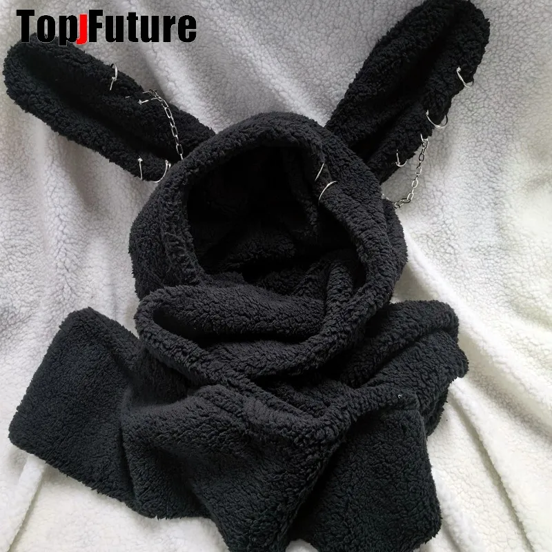 Women Harajuku Y2K Girls Long Rabbit Ear Hat Gothic Chain Beanie Hat Winter Warm Hooded Scarf Streetwear Bunny Ear Hats Scarves