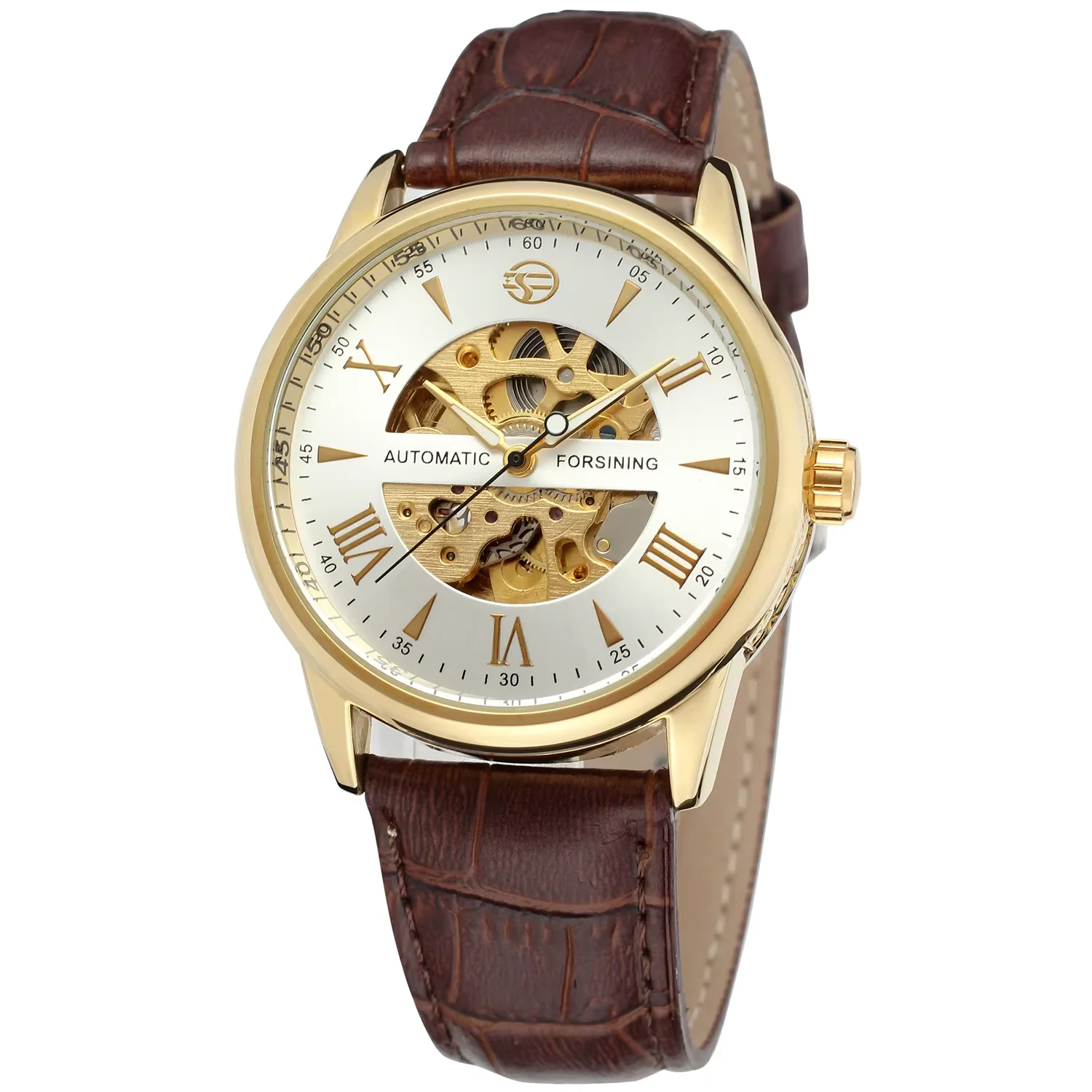 

FORSINING leisure simple wind mechanical watch gold and white hollow circular Roman digital mechanical watch men and women's wat