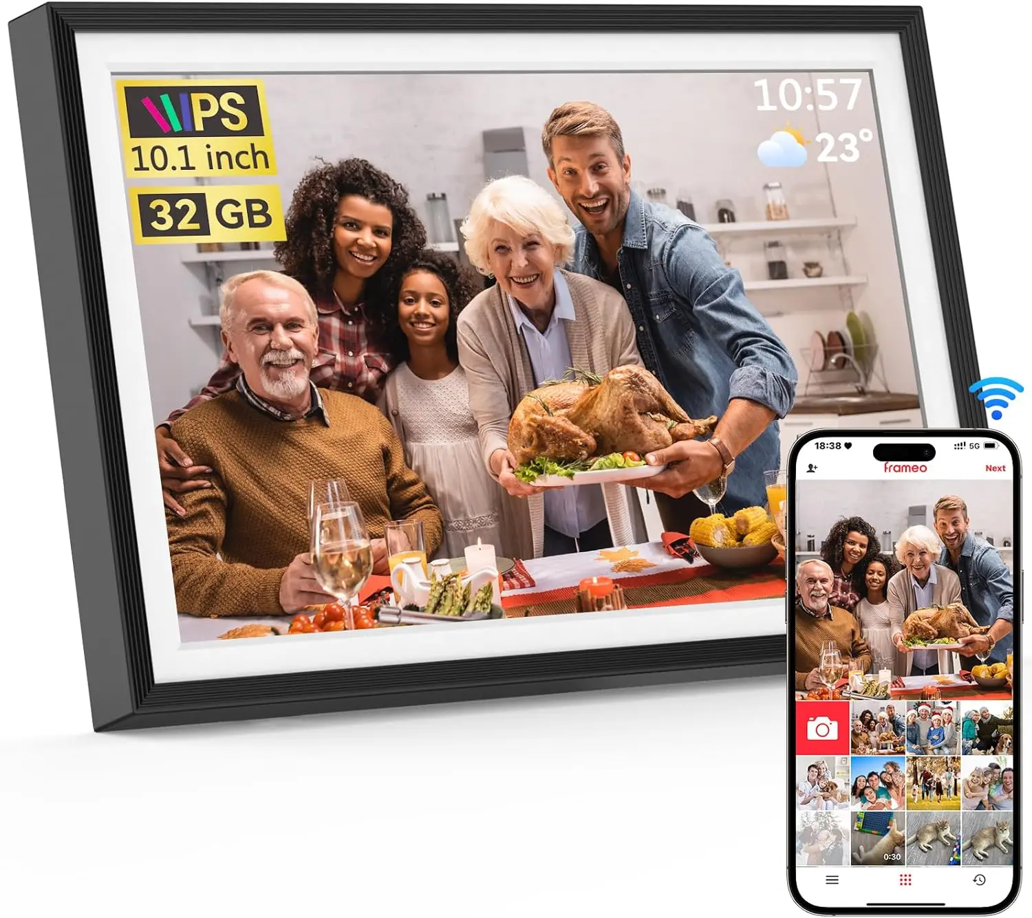 10,1 Zoll WLAN Digitaler Bilderrahmen, 32GB, HD-Touchscreen, automatische Drehfunktion, Teilen von Fotos und Videos überall.