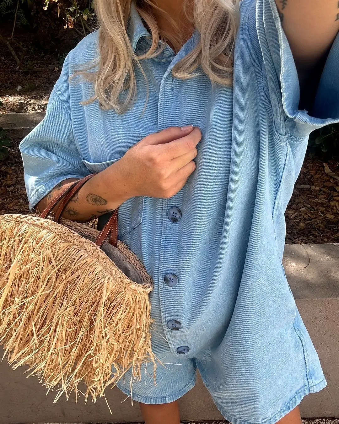

Casual Denim Jumpsuits Loose Solid Color Lapel Single Breasted Pocket Short Sleeved Jumpsuits Fashion Commuting Women Clothing