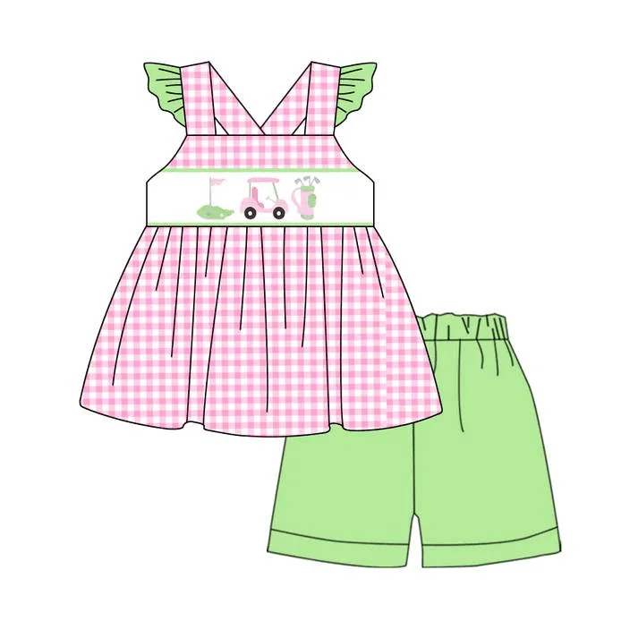 

New boutique children's pearl golf print shorts lace girls boys plaid shorts suit baby jumpsuit