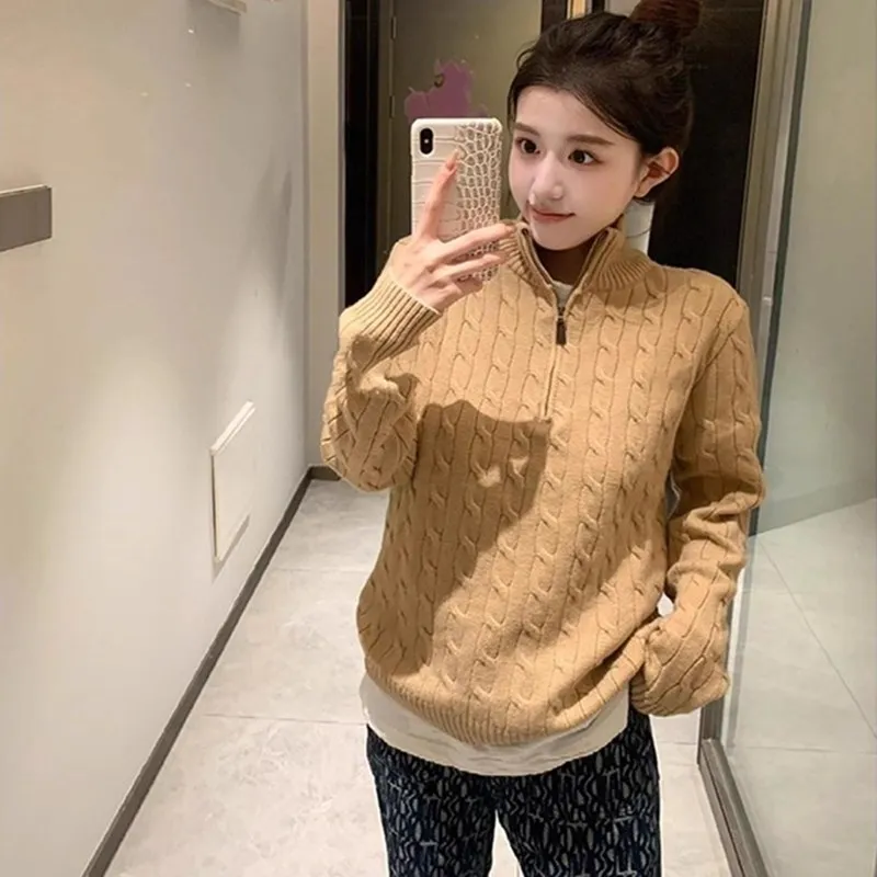 

Женский свитер из 100% шерсти Merino с воротником-стойкой и полумолнией на молнии, осень-зима, толстый повседневный модный вязаный кашемировый свитер