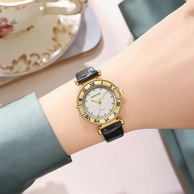 Reloj de cuarzo para mujer, relojes de lujo de alta calidad, números romanos dorados, esfera con números, relojes de pulsera de cuero Vintage para mujer