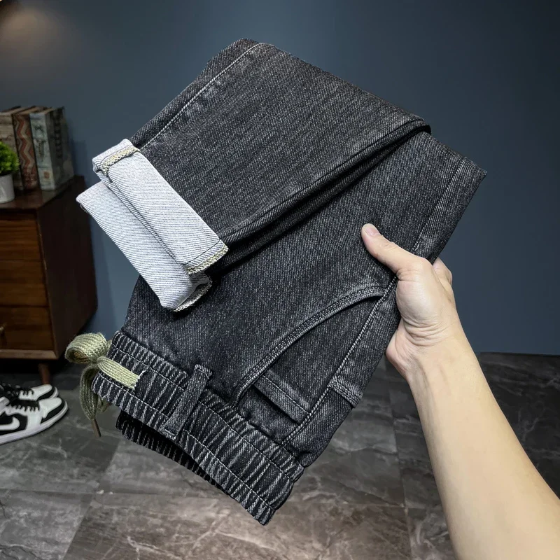 Merk heren nieuwe herfst jeans zwart grijs stretch slanke rechte denim broek trendy merk streetwear mode knappe mannen broek