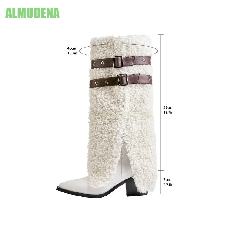 Women Fleece Covered Knee High Boots Pointed Toe Chunky Block Heel Double Brown Buckle Belts Split Front Warm Winter Long Boots