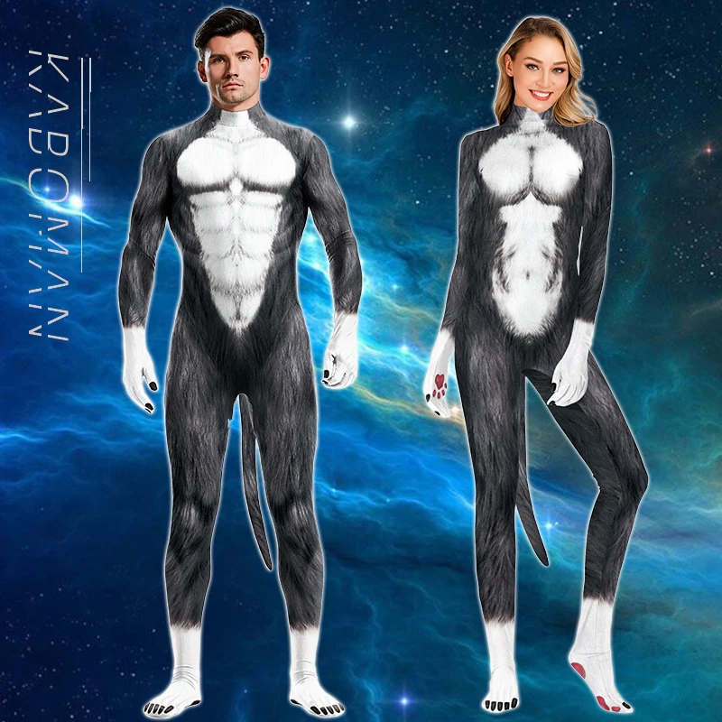 

Huskies Cosplay Costume with Tail Jumpsuit for Adult Halloween Animal Bodysuit Unisex Stage Costumes Novelty Couple Clothes