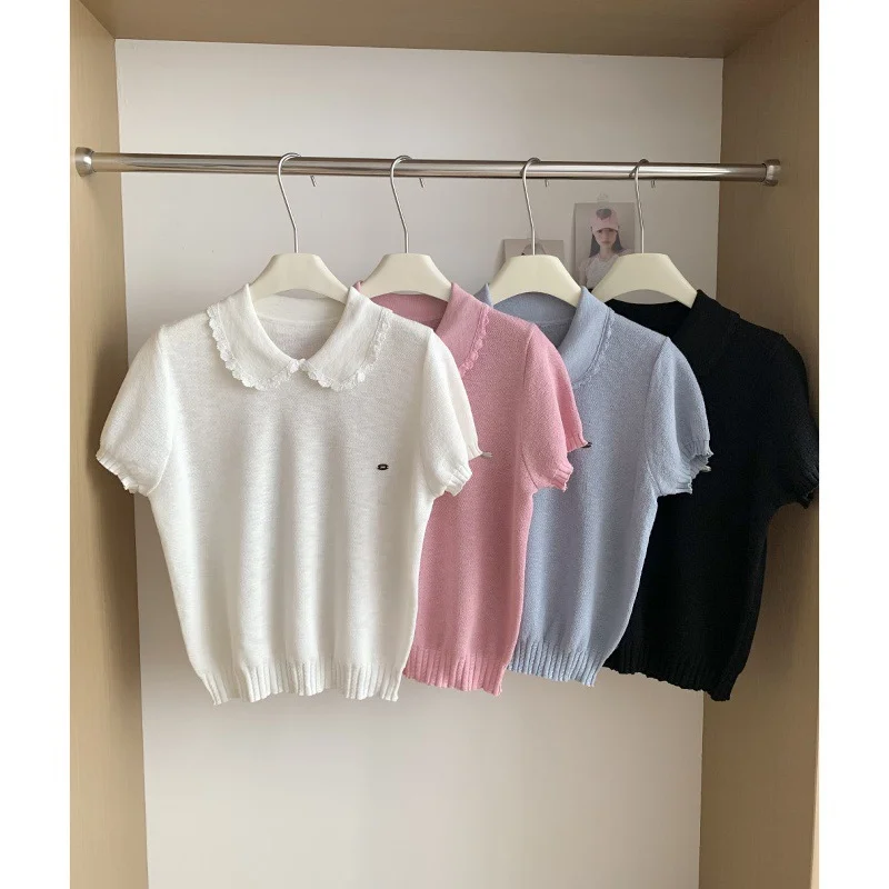 Korean Style Peter Pan Collar Short Sleeve T-Shirt Women Summer New Sweet Elegant Knitwear Solid Color Slim Fit Versatile Top