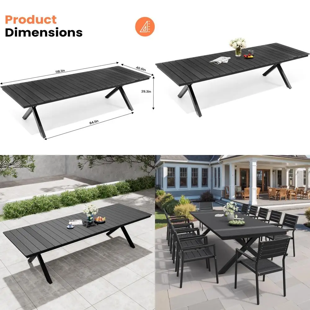 

Black Outdoor Patio Dining Table with Umbrella Hole, Weatherproof Wood-Like Top for Garden Backyard