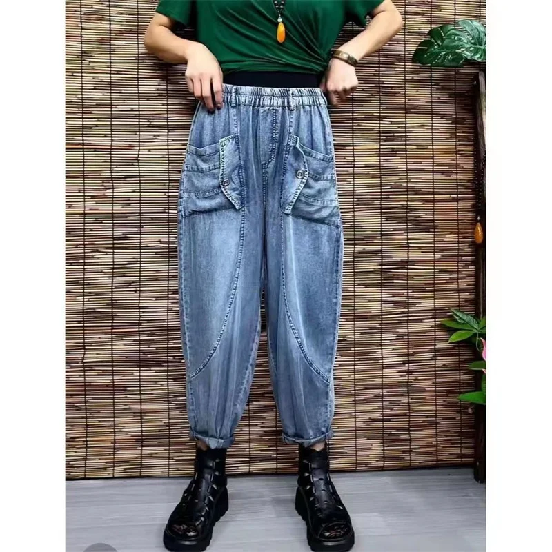 2022 sommer Frauen Neue Koreanische Dünne Taste Jeans Frauen Große Tasche Lose Pluderhosen Casual Denim Hosen Weibliche Hohe Taille Cowboy hose