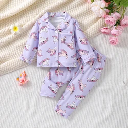 2pcs Comfy Lovely  Print Girls Pajama Set with Button Front and Long Sleeves