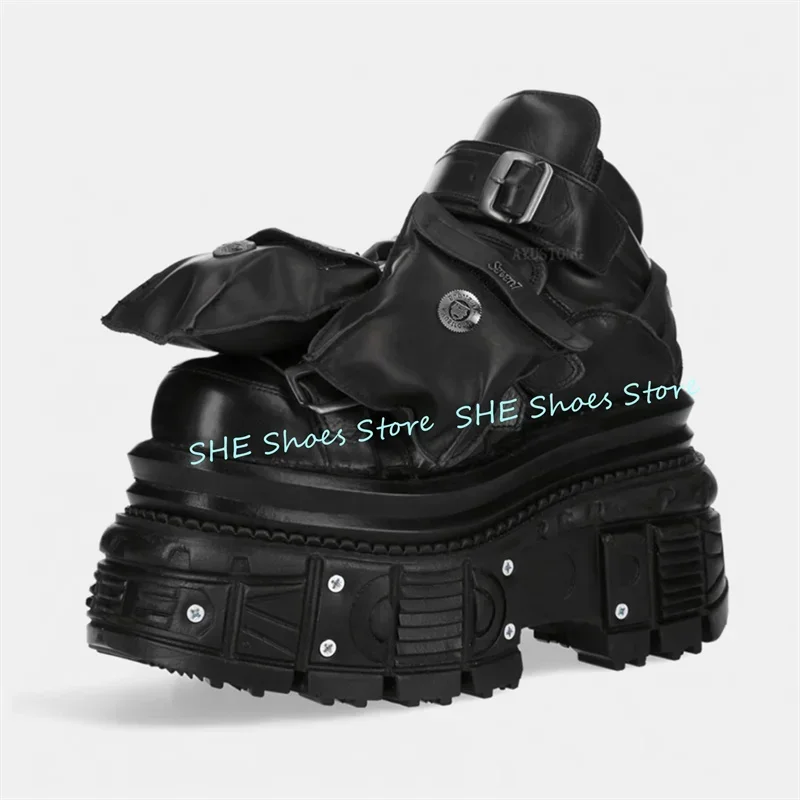 Sepatu Bot Motor High Hop Pocket Decor untuk Pria, Sneakers Gothic Rocker Rivet dengan Sol Tebal, Sepatu Bot Kasual Pria
