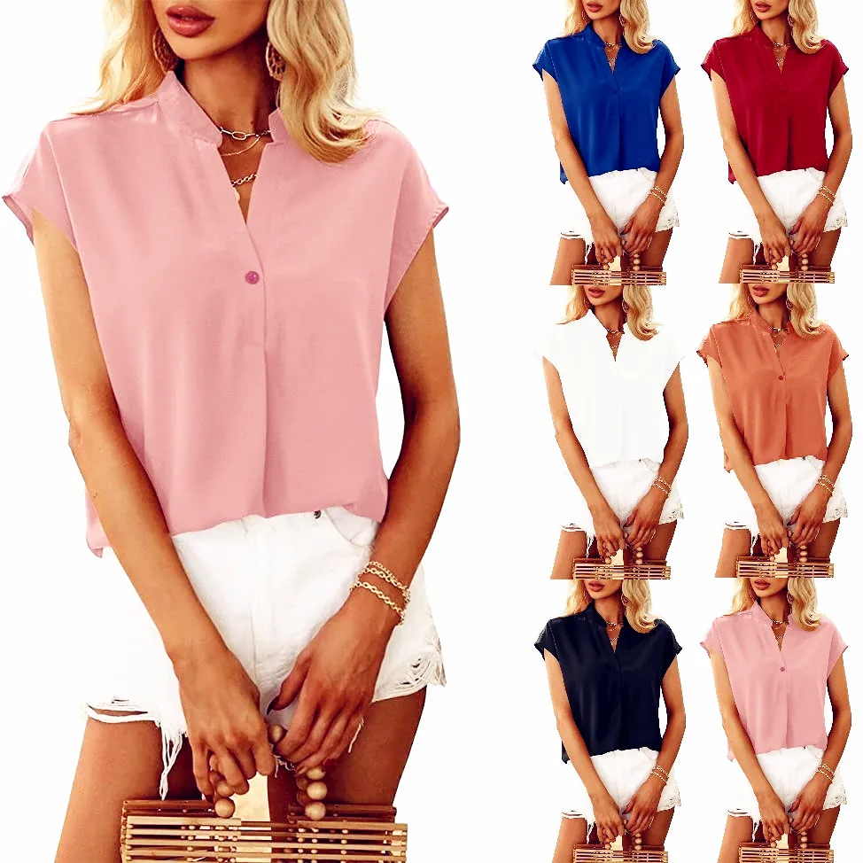 

Hot Fashion Women Shirts Vintage Summer Tees Vest Tank Button Blouse Top Sexy Short Sleeve Bow Loose Casual T Shirt Tops