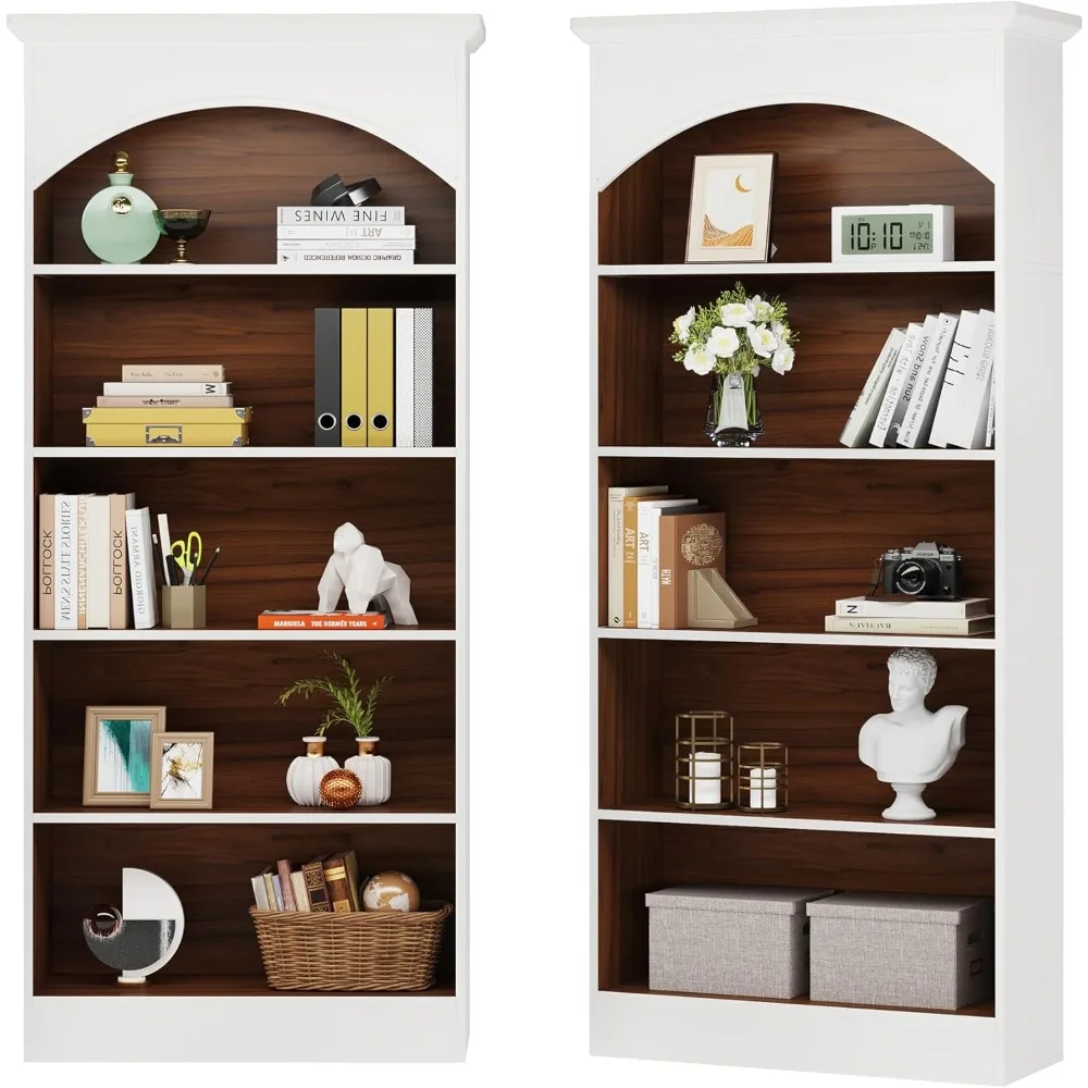 

5-Shelf White Bookcase Set of 2, 70.9'' Tall Bookshelf with Storage Shelves, Vintage Free-Standing Library Book (White & Oak)